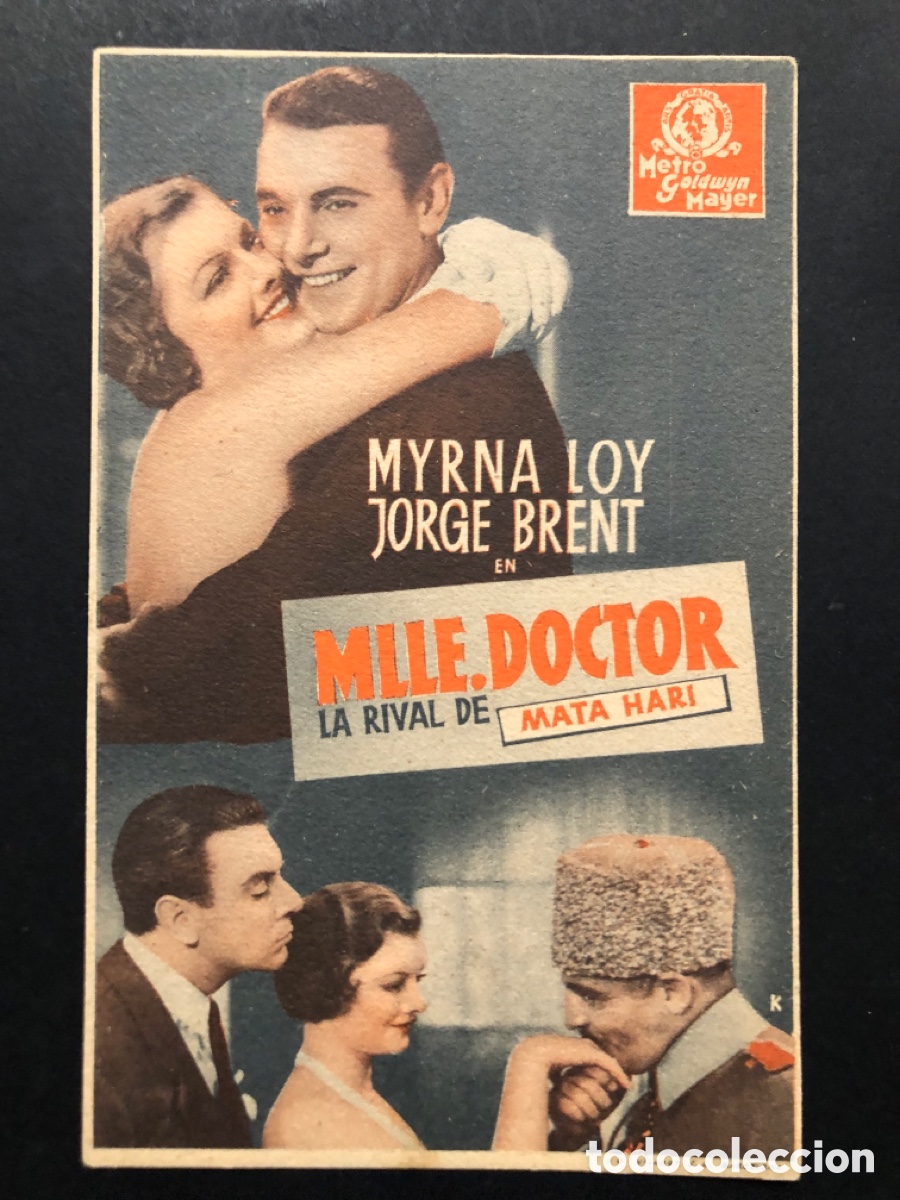 Folhetos de m&atilde;o de filmes antigos de cinema: Programa tarjeta MGM mademoiselle doctor Myrna Loy A2