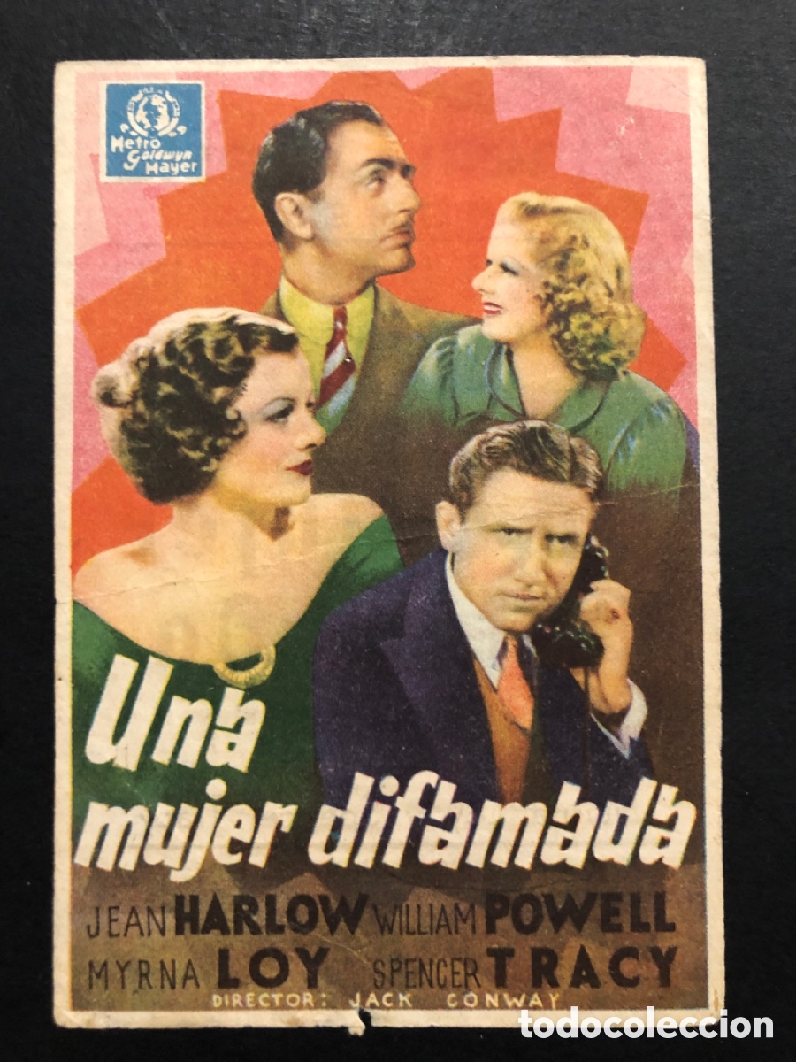 Folhetos de m&atilde;o de filmes antigos de cinema: Programa MGM una mujer difamada jean Harlow con publicidad cine iniesta archena