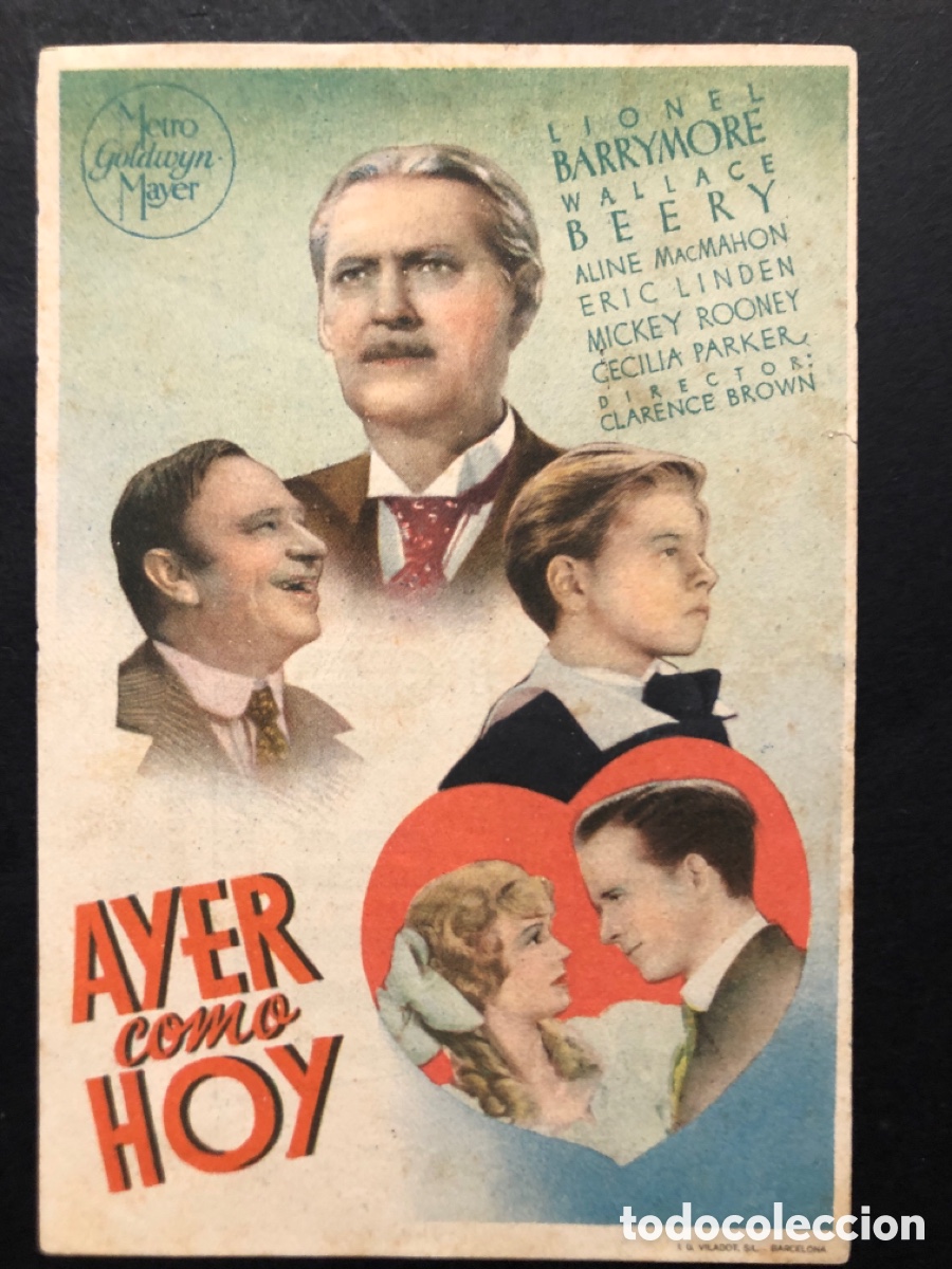 Folhetos de m&atilde;o de filmes antigos de cinema: Programa MGM ayer como hoy lionel barrymore con publicidad cine ideal