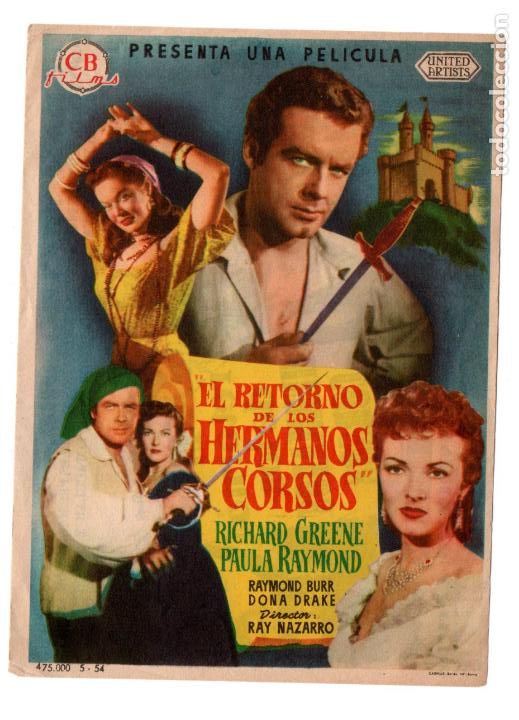 Cine: EL RETORNO DE LOS HERMANOS CORSOS - RICHARD GREENE PAULA RAYMOND - CINE GRAN TEATRO IRIS, ZARAGOZA