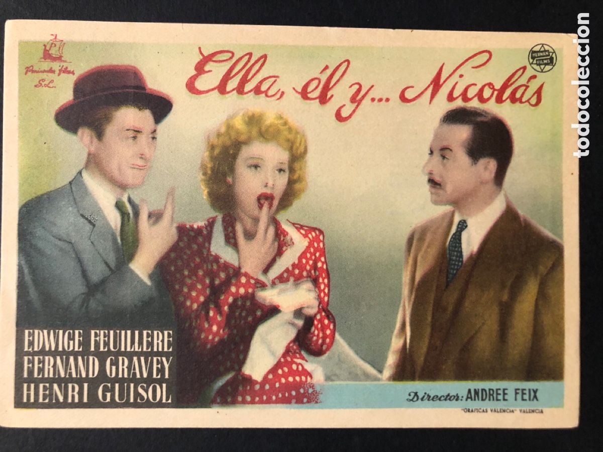 Folhetos de m&atilde;o de filmes antigos de cinema: Programa ella el y Nicol&aacute;s Edwige feuillere con publicidad cine Ayamonte A7