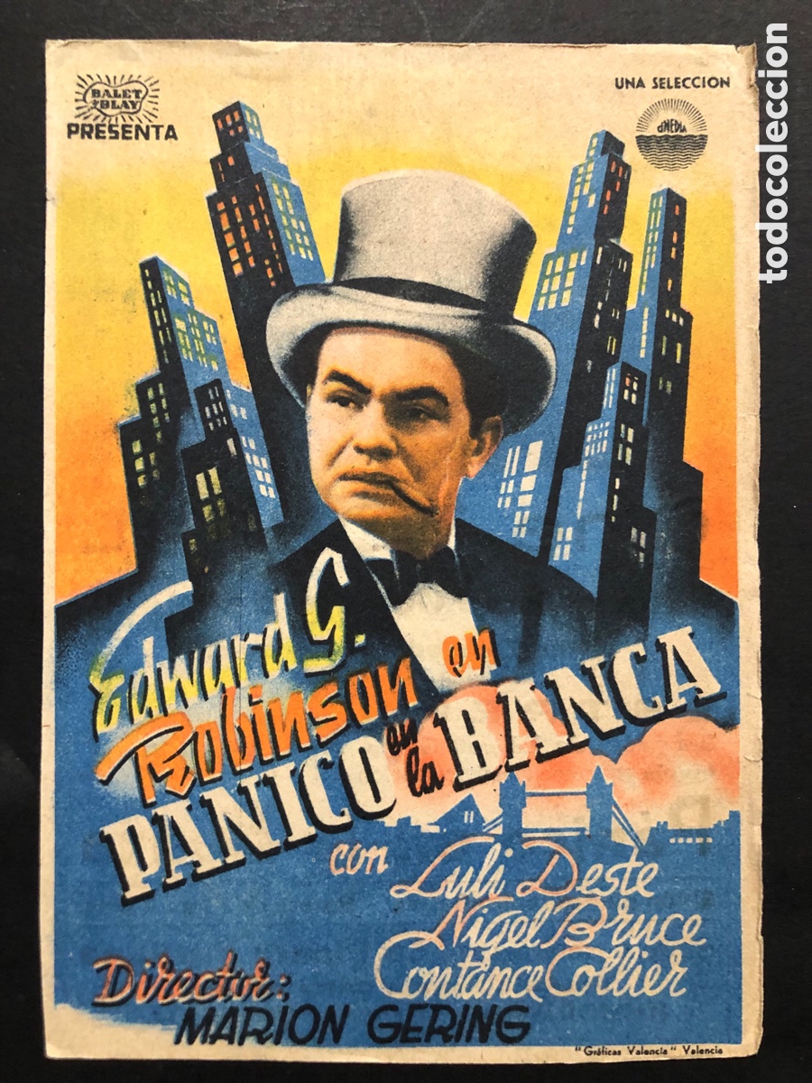 Folhetos de m&atilde;o de filmes antigos de cinema: Programa p&aacute;nico en la banca Edward G Robinson con publicidad cine torcal A7