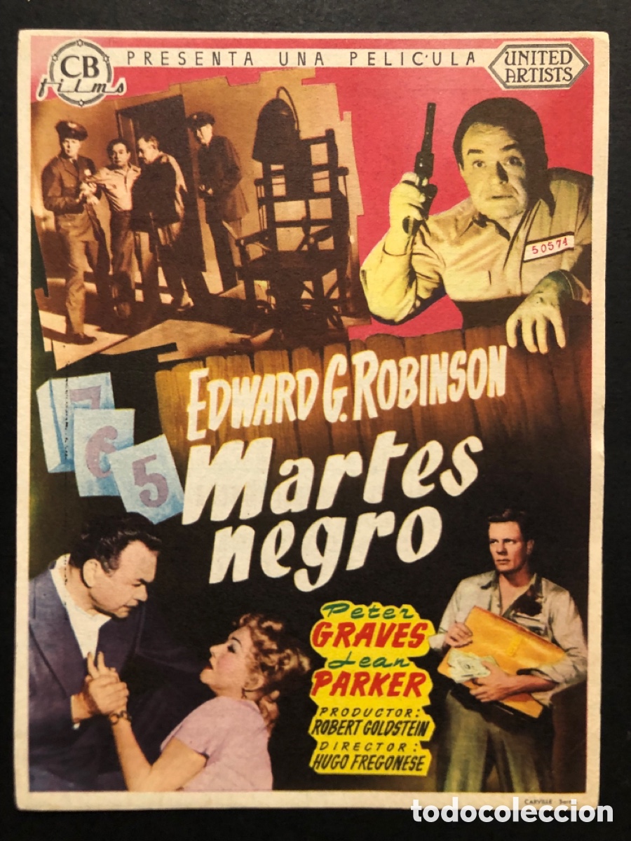 Folhetos de m&atilde;o de filmes antigos de cinema: Programa martes negro Edward G Robinson con publicidad Cine avenida villanueva de la Serena A7
