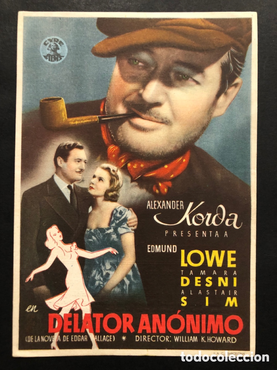 Folhetos de m&atilde;o de filmes antigos de cinema: Programa delator anonimo Edmund Lowe con publicidad principal cinema san Baudillo de llobregat A7