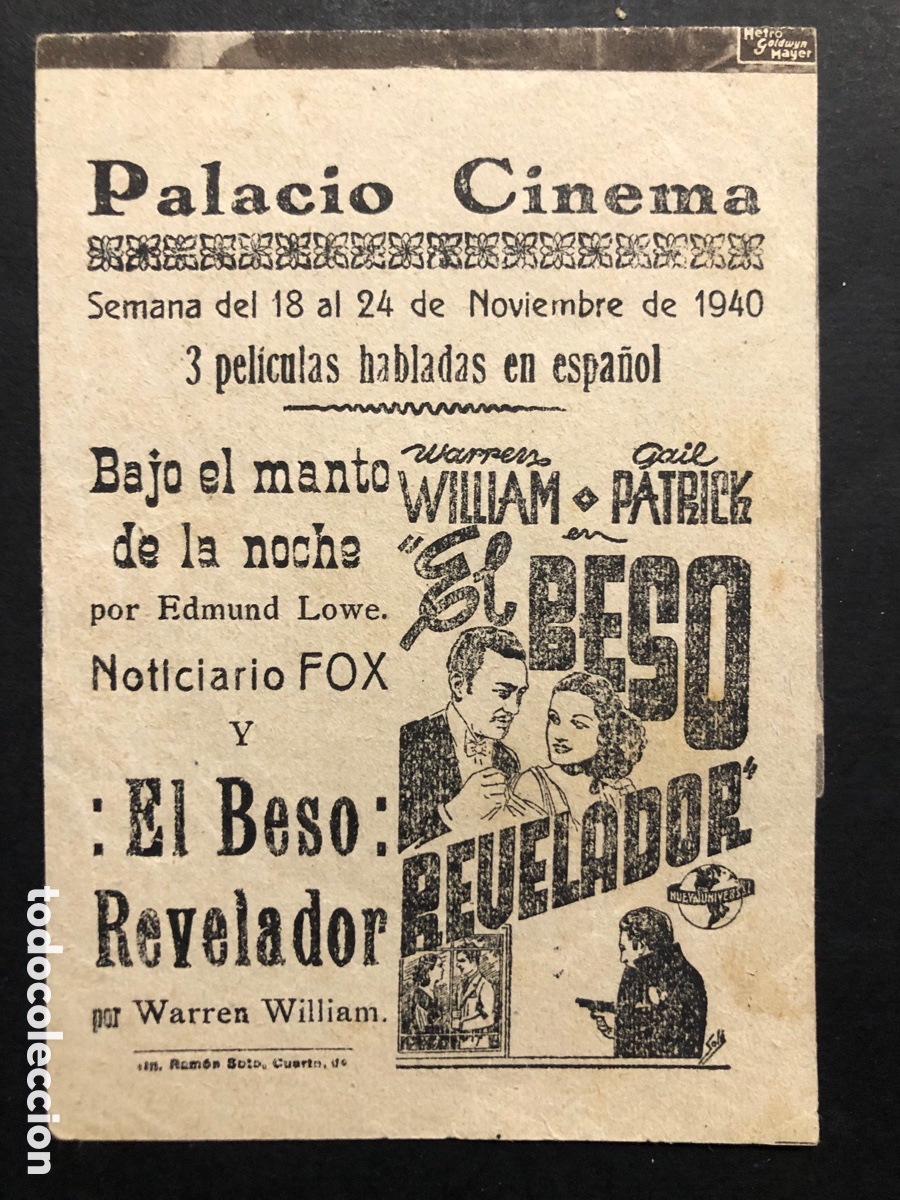 Kino: Programa bajo el manto de la noche Edmund lowe con publicidad el beso revelador palacio cinema A7