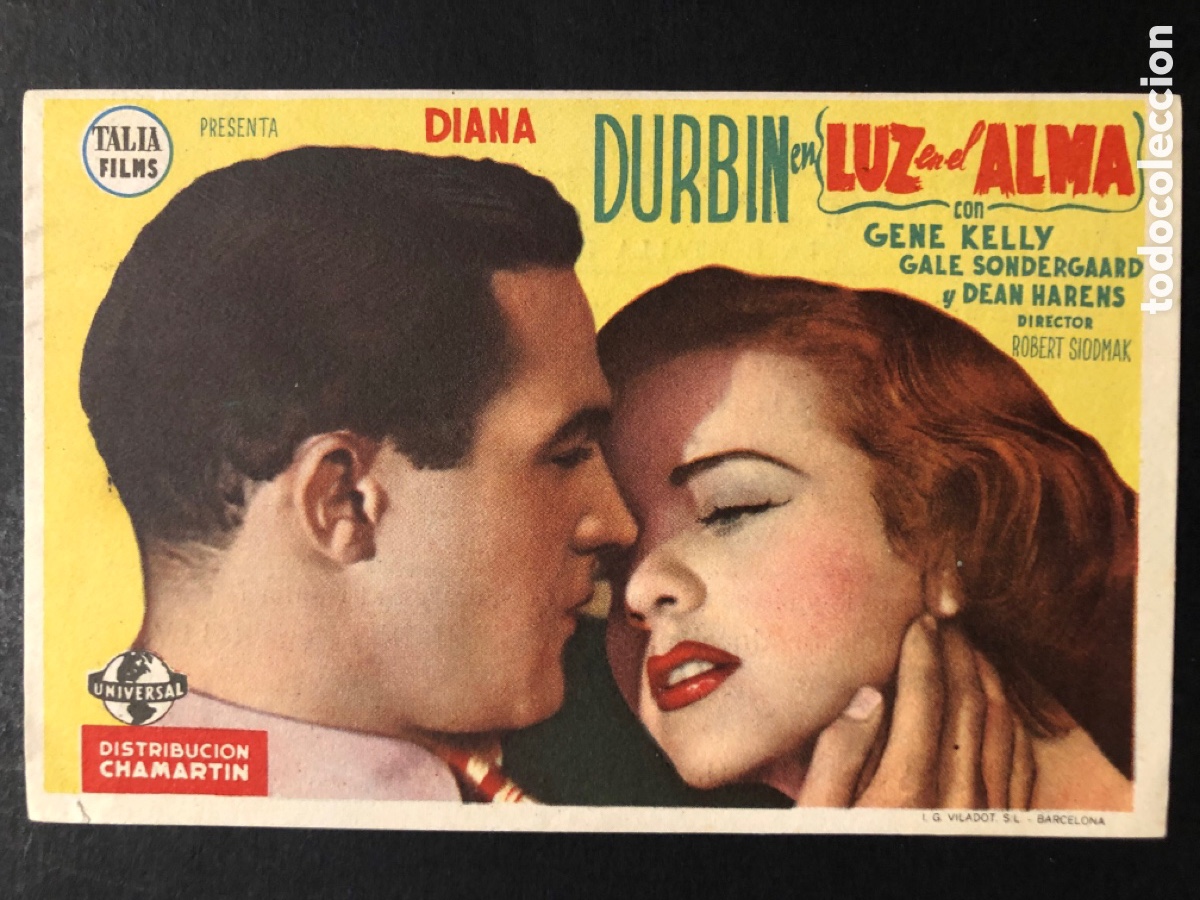 Folhetos de m&atilde;o de filmes antigos de cinema: Programa luz en el alma diana durbin Gene kelly con publicidad cinema Rabida huelva A7