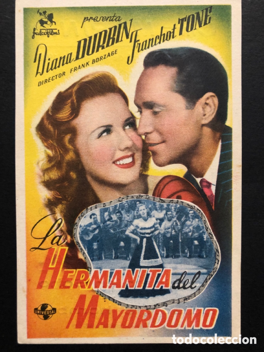 Folhetos de m&atilde;o de filmes antigos de cinema: Programa la hermanita del mayordomo diana durbin con publicidad cine marina valencia A7