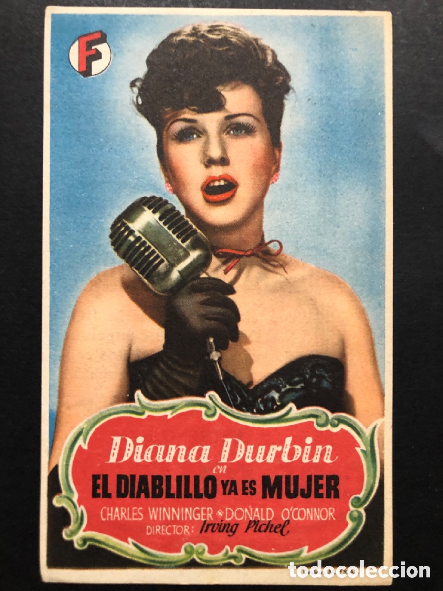 Folhetos de m&atilde;o de filmes antigos de cinema: Programa el diablillo es mujer diana durbin con publicidad cine avenida alcoy A7