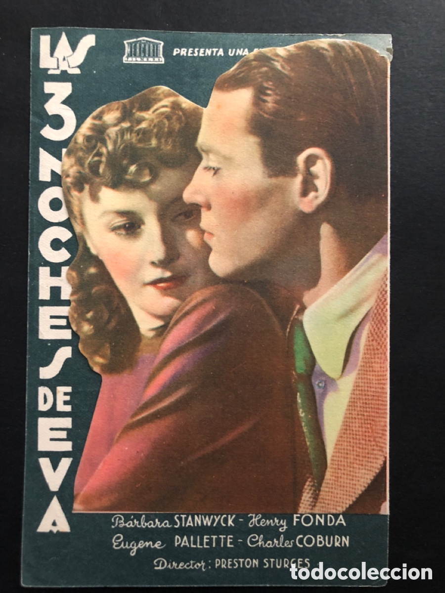 Kino: Programa troquelado las 3 noches de eva barbara stanwyck con publicidad teatro Espinel Ronda A7