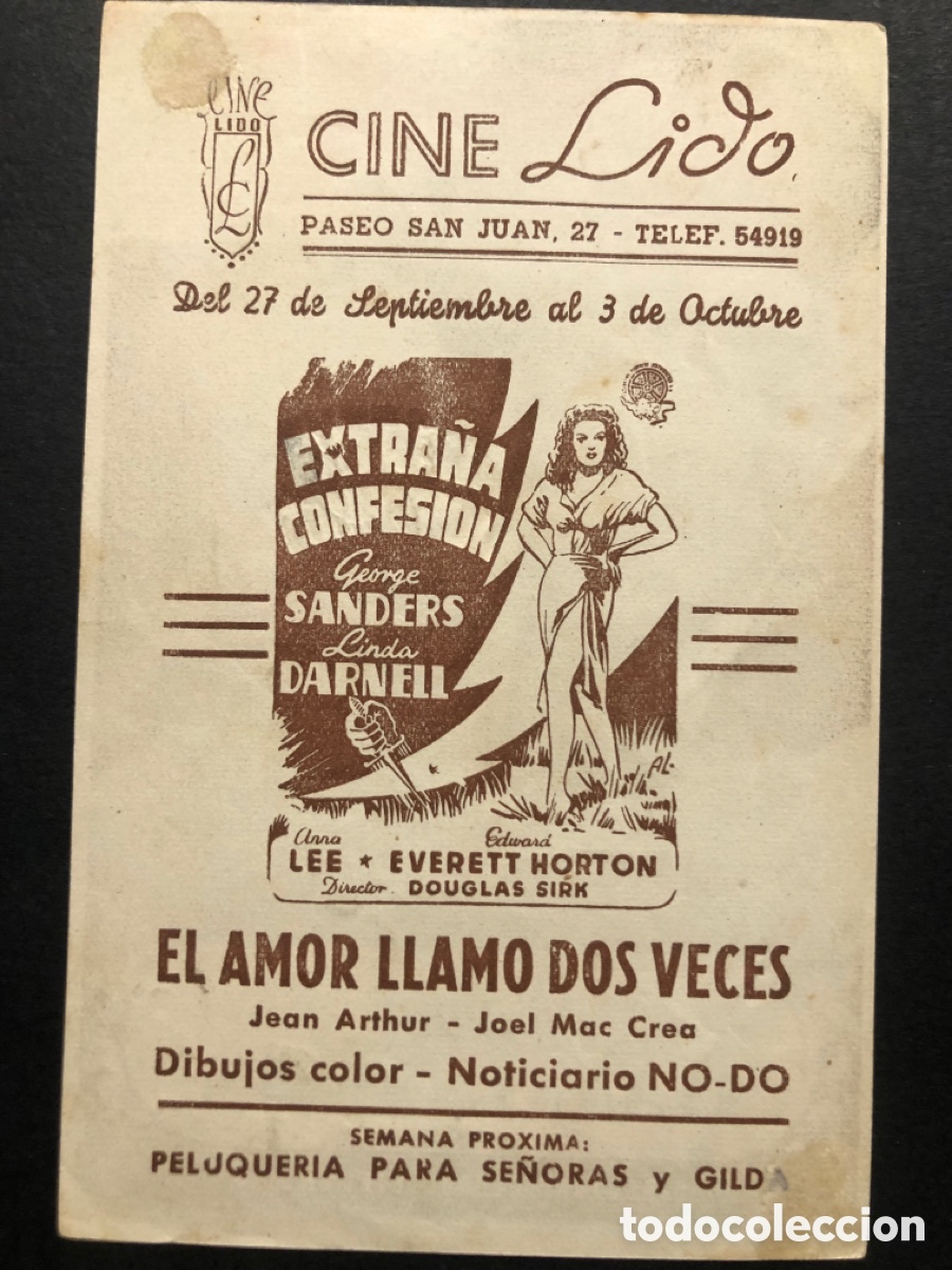 Cine: Programa el amor llamo dos veces jean arthur con publicidad extra&ntilde;a confesion cine lido A7