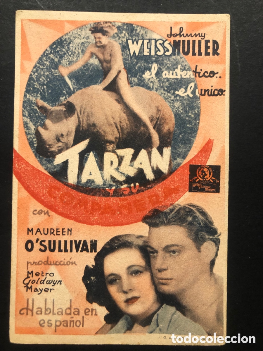 Kino: Programa tarjeta tarzan y su compa&ntilde;era johnny Weissmuller con publicidad teatro Llorens A8