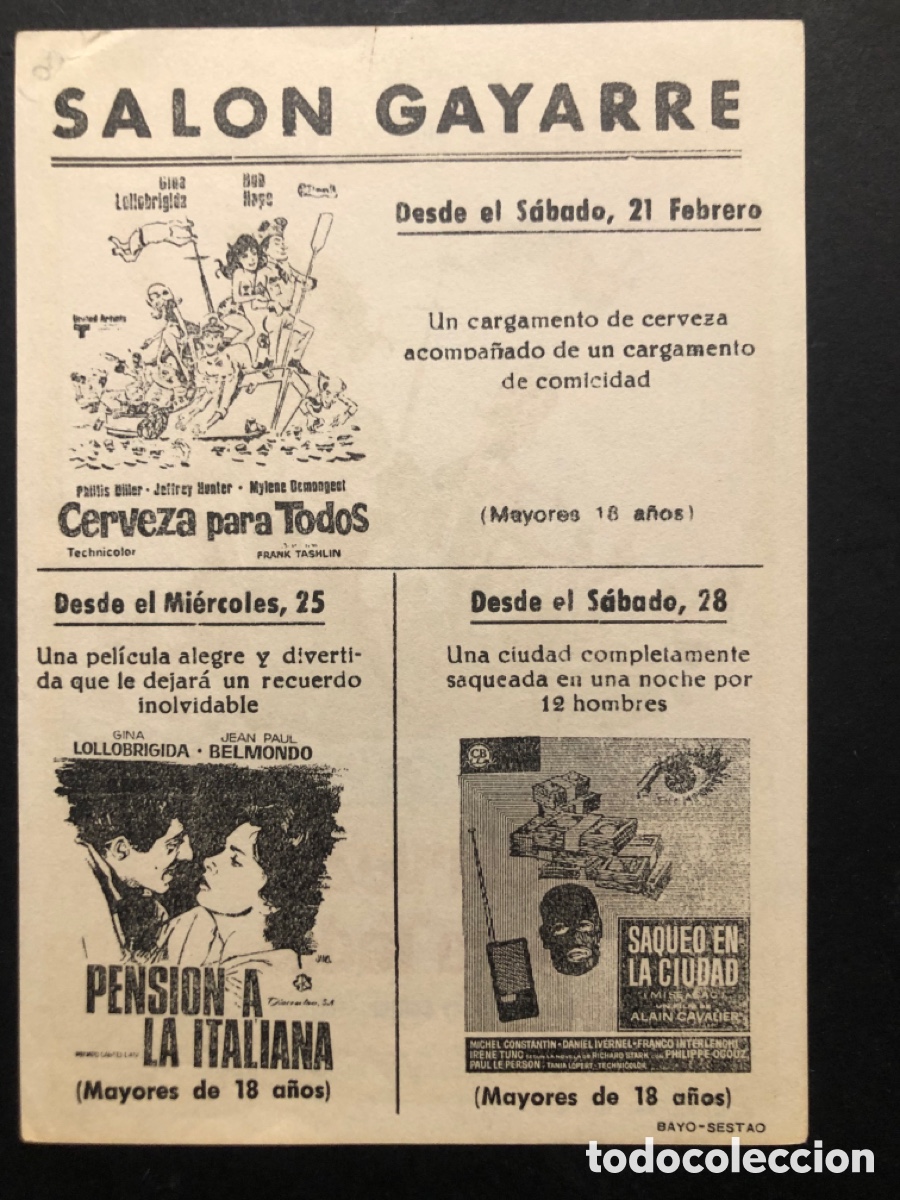  Flyers Publicitaires de films Anciens: Programa cerveza para todos gina lollobrigida con publicidad sal&oacute;n gayarre A8
