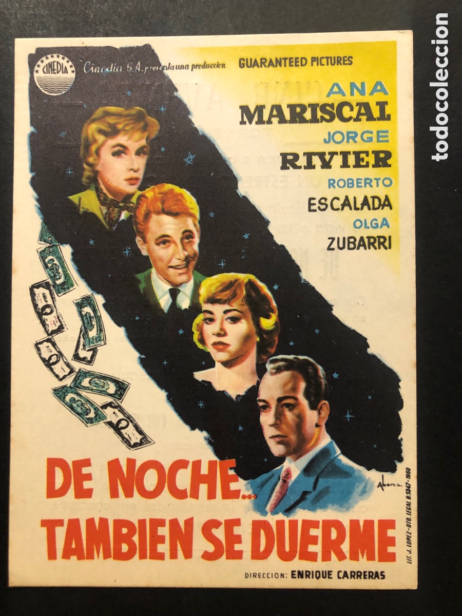 Folhetos de m&atilde;o de filmes antigos de cinema: Programa de noche tambi&eacute;n se duerme Ana mariscal con publicidad cine avenida Torrelavega A9