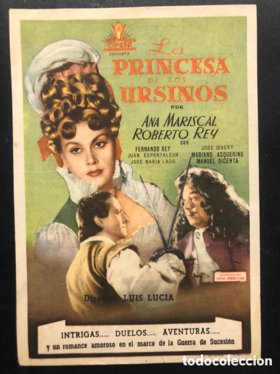 Folhetos de m&atilde;o de filmes antigos de cinema: Programa la princesa de los ursinos Ana mariscal con publicidad cine protectora felanitx A9