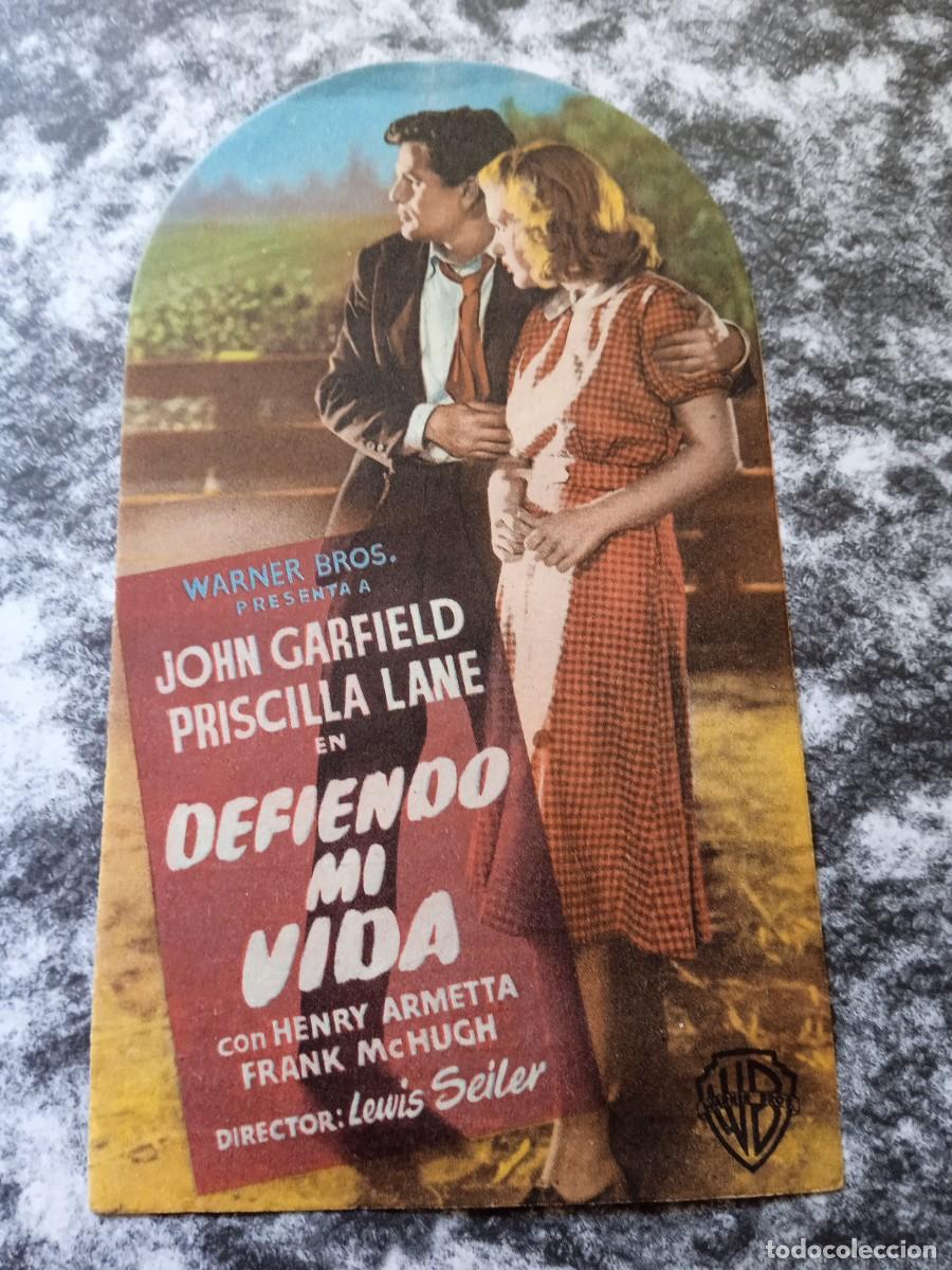 Folhetos de m&atilde;o de filmes antigos de cinema: Defiendo mi vida Troquelado con publicidad Alb&eacute;niz M&aacute;laga