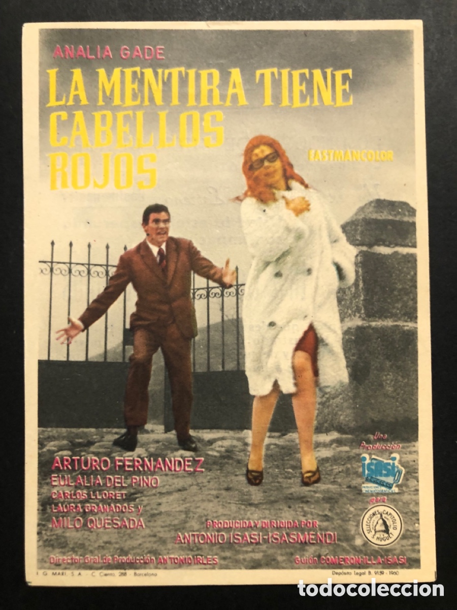 Folhetos de m&atilde;o de filmes antigos de cinema: Programa la mentira tiene cabellos rojos analia gade con publicidad cine alcazaba merida A9