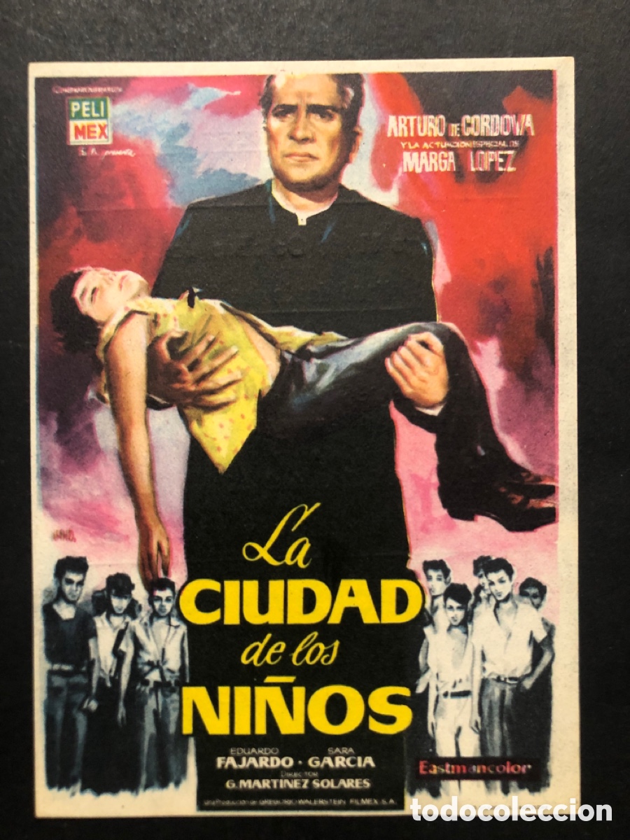 Folhetos de m&atilde;o de filmes antigos de cinema: Programa la ciudad de los ni&ntilde;os Arturo de cordova con publicidad cine trajano A9
