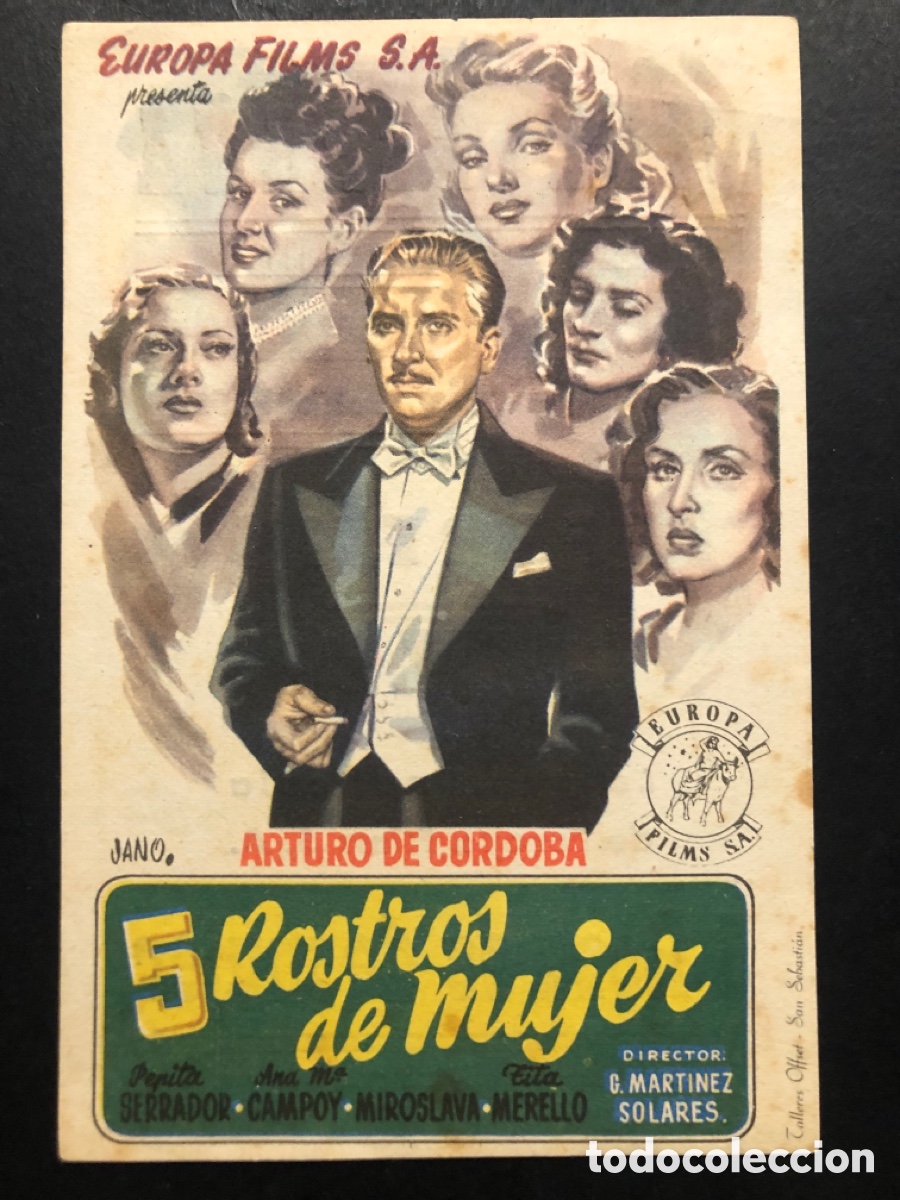 Folhetos de m&atilde;o de filmes antigos de cinema: Programa 5 rostros de mujer Arturo de cordova con publicidad cine espa&ntilde;a cadiz A9