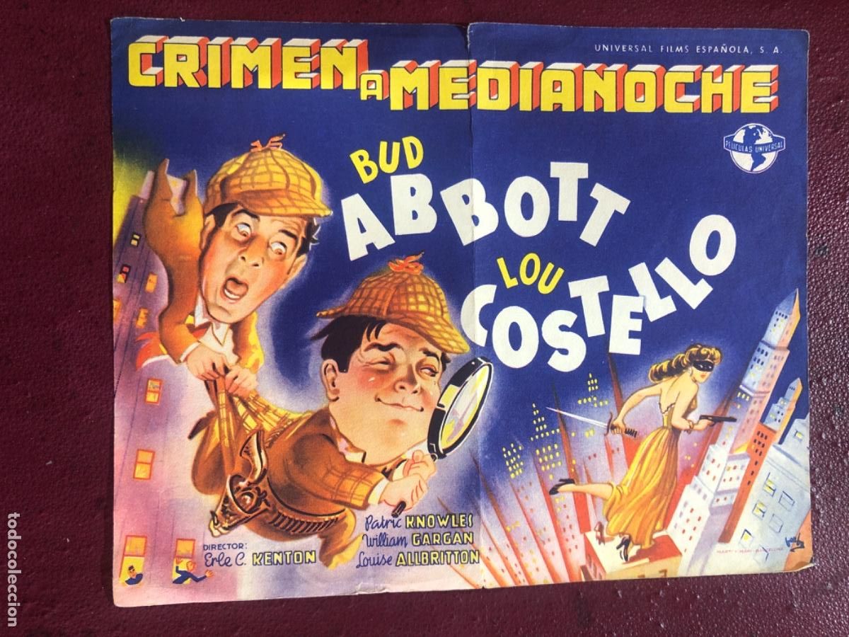Cine: Folleto de mano cine de la pel&iacute;cula Crimen a medianoche con Bud Abbott y Lou Costello