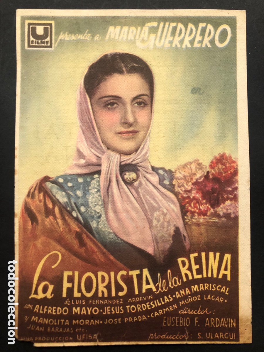 Folhetos de m&atilde;o de filmes antigos de cinema: Programa la florista de la reina mar&iacute;a guerrero con publicidad teatro principal A9