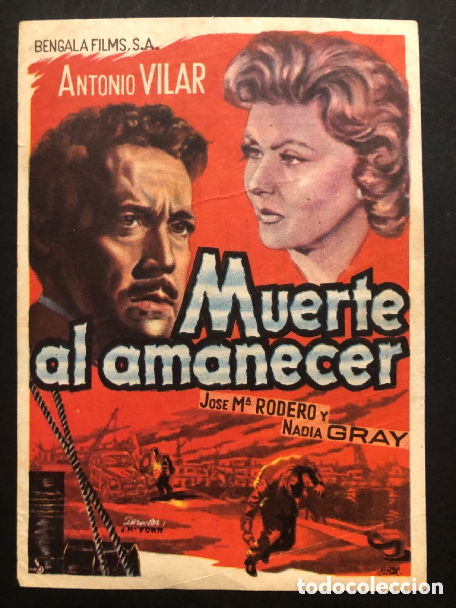 Folhetos de m&atilde;o de filmes antigos de cinema: Programa muerte al amanecer antonio vilar con publicidad cine olympia linares A9