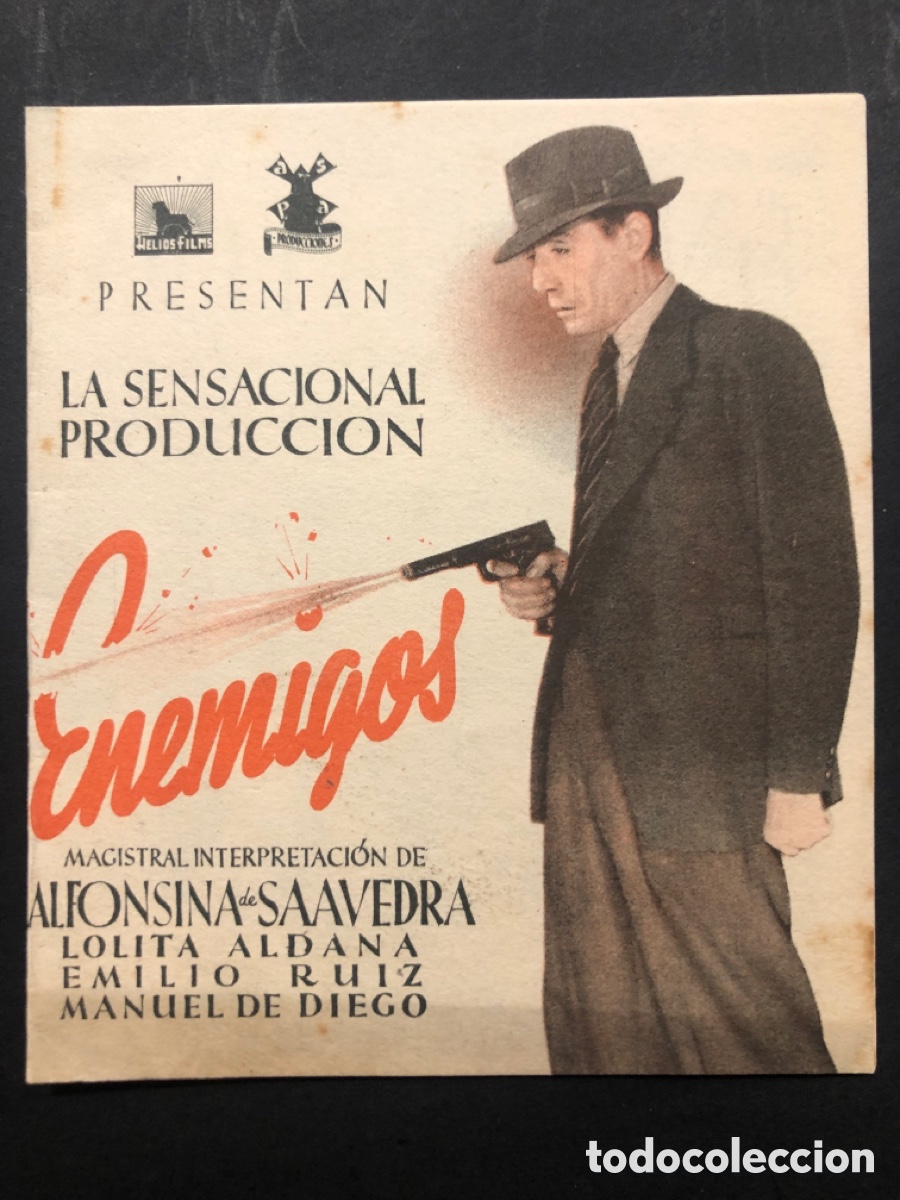 Folhetos de m&atilde;o de filmes antigos de cinema: Programa enemigos alfonsina de Saavedra con publicidad palacio cinema A9