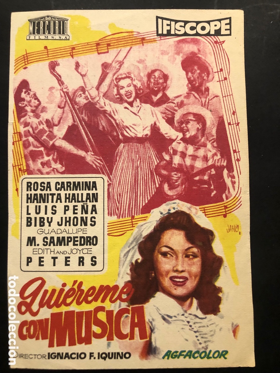 Folhetos de m&atilde;o de filmes antigos de cinema: Programa qui&eacute;reme con m&uacute;sica rosa Carmina con publicidad cine Olimpia y mundial la Bisbal A9