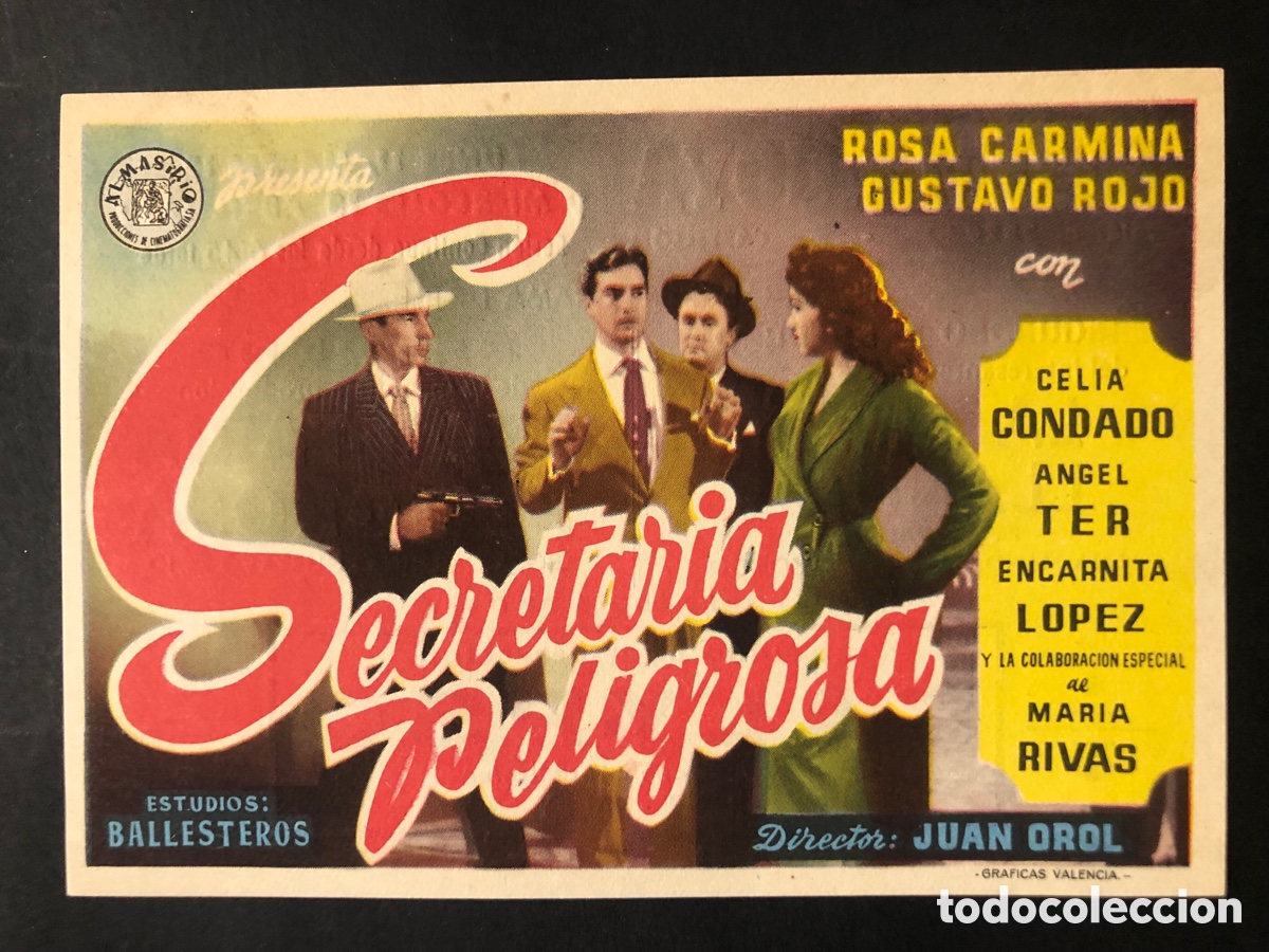 Folhetos de m&atilde;o de filmes antigos de cinema: Programa secretar&iacute;a peligrosa rosa Carmina con publicidad cinema goya castellon A9
