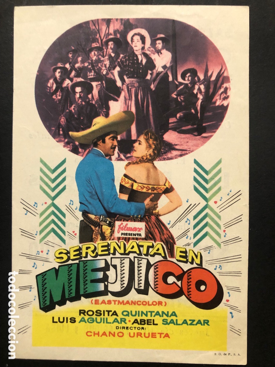 Folhetos de m&atilde;o de filmes antigos de cinema: Programa serenata en mejico Rosita Quintana con publicidad sal&oacute;n cine catalu&ntilde;a Berga A9