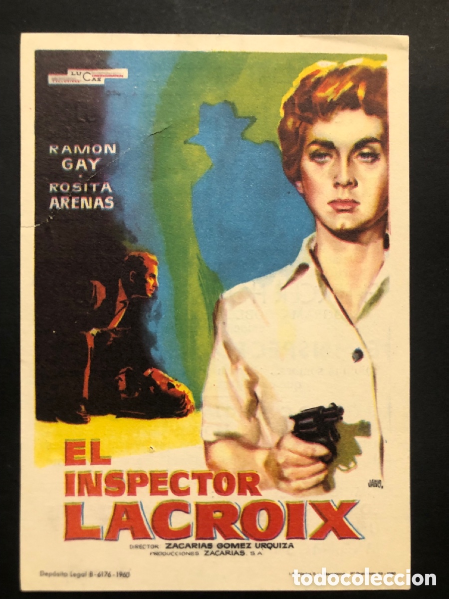 Folhetos de m&atilde;o de filmes antigos de cinema: Programa el inspector lacroix Rosita Arenas con publicidad teatro cine Rojas A9