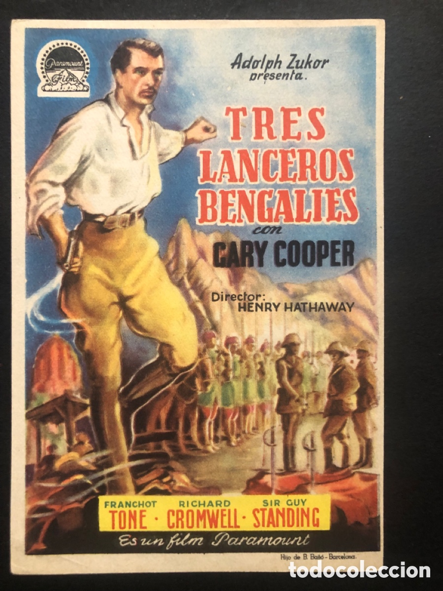 Cine: Programa tres lanceros bengalies Gary Cooper con publicidad cine banda primitiva liria A10
