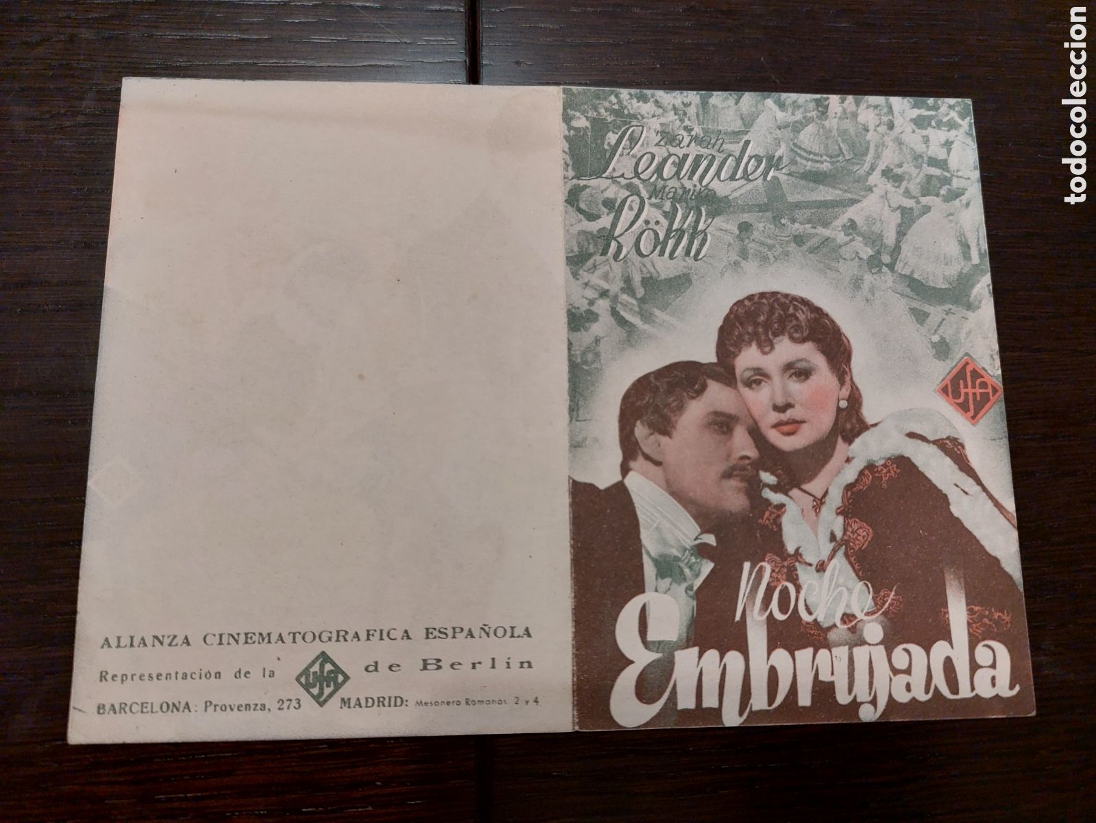 Folhetos de m&atilde;o de filmes antigos de cinema: Programa doble Noche embrujada con Zarah Leander, sin publicidad