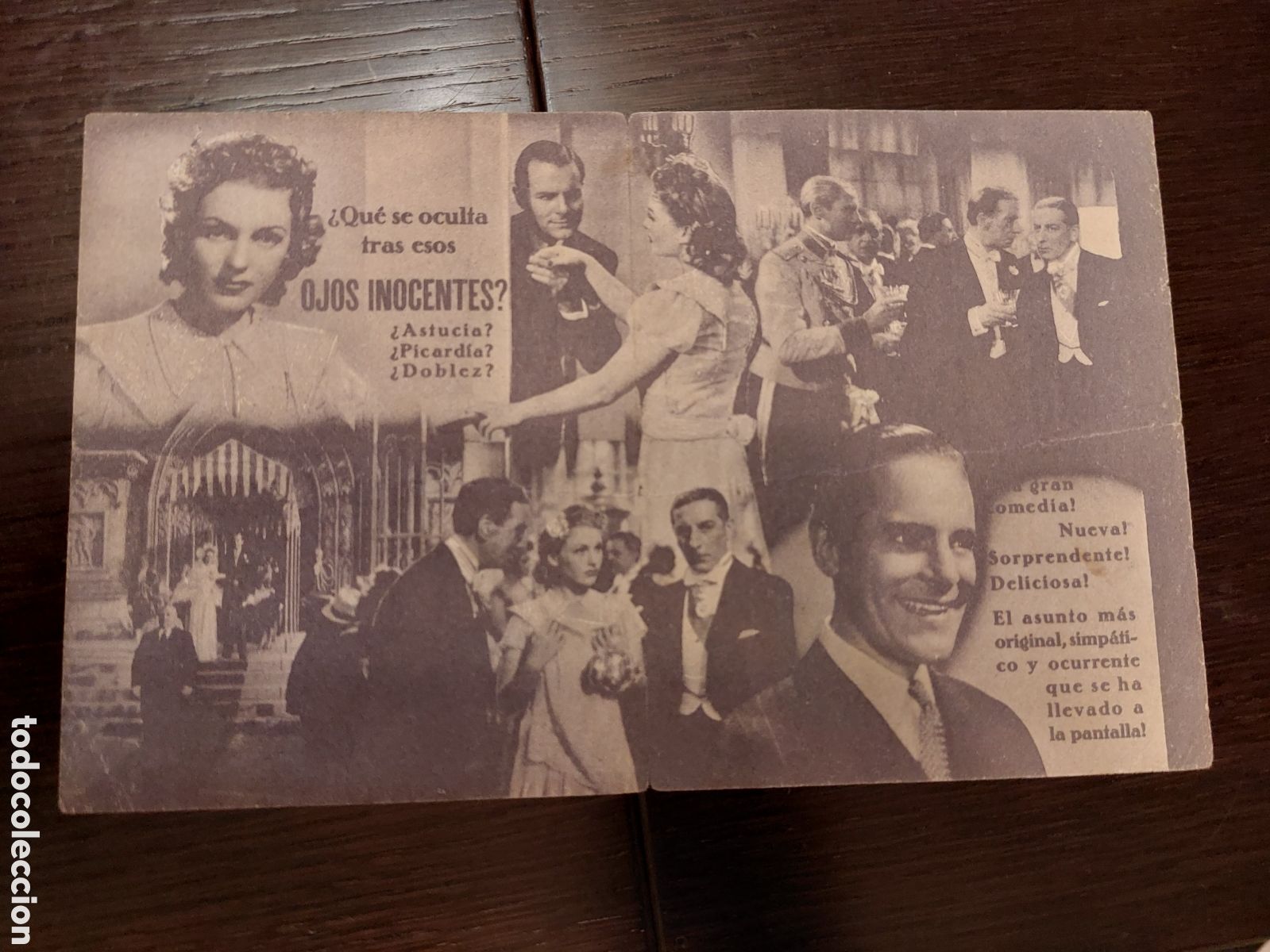 Folhetos de m&atilde;o de filmes antigos de cinema: Programa doble Ojos inocentes con Assia Noris, publicidad Cine Goya (interior violeta)
