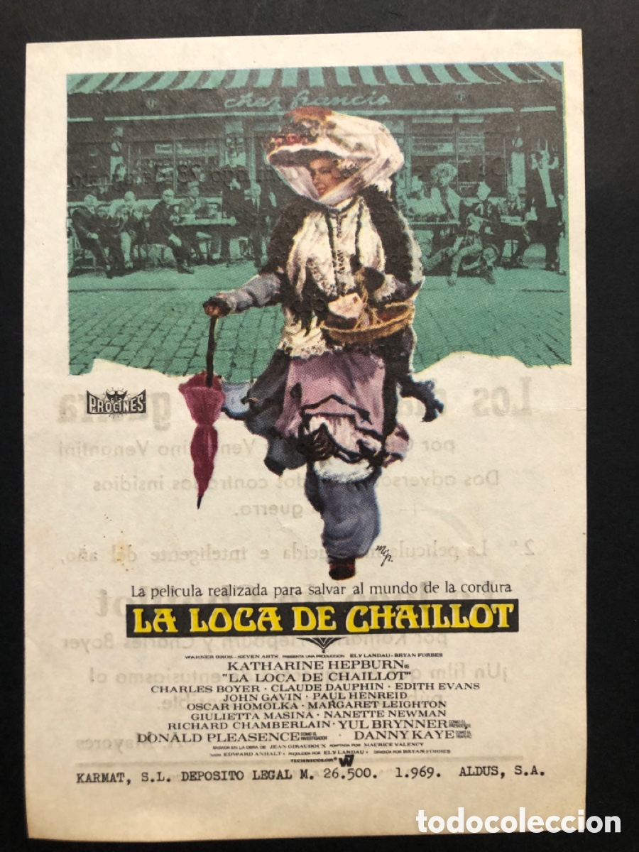 Folhetos de m&atilde;o de filmes antigos de cinema: Programa la loca de chaillot katharine hepburn con publicidad cine colon alcira A10