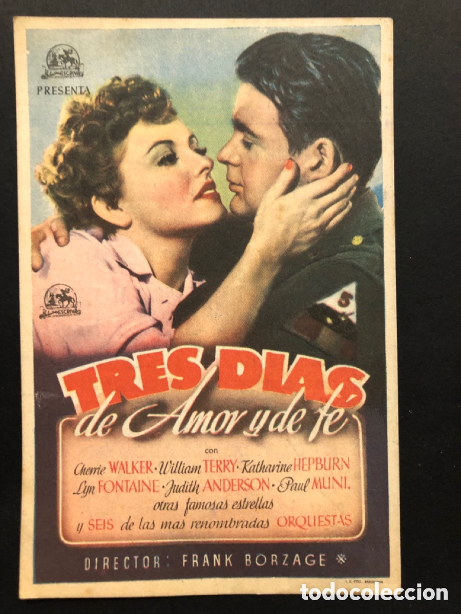 Folhetos de m&atilde;o de filmes antigos de cinema: Programa tres dias de amor y Fe katharine hepburn con publicidad cine actualidades valencia A10