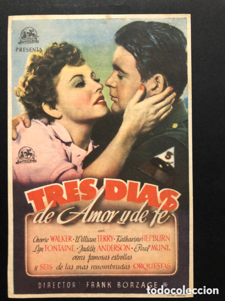 Folhetos de m&atilde;o de filmes antigos de cinema: Programa tres dias de amor y Fe katharine hepburn con publicidad cine sur mislata A10