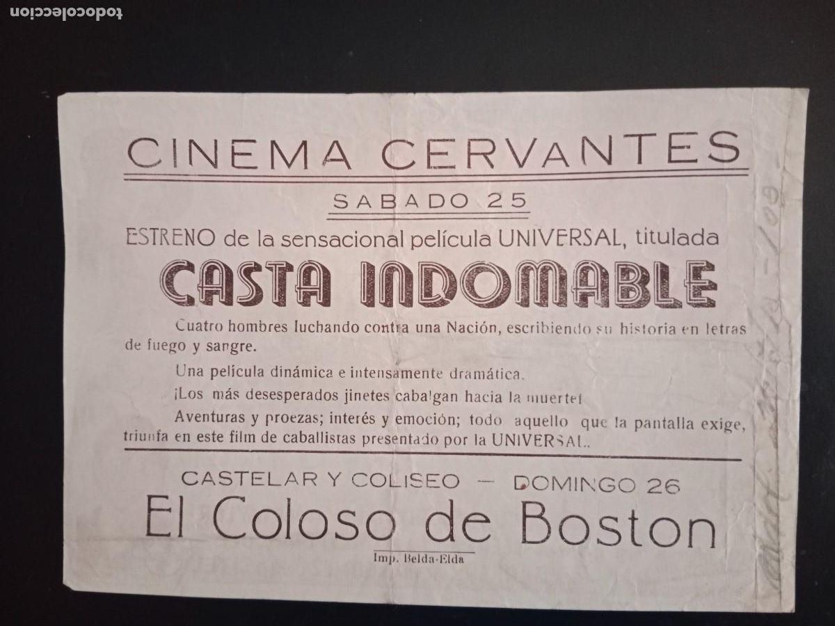 Cine: PROGRAMA DE MANO / CARTELERA - CASTA INDOMABLE - CINE CINEMA CERVANTES - ELDA - Foto 2