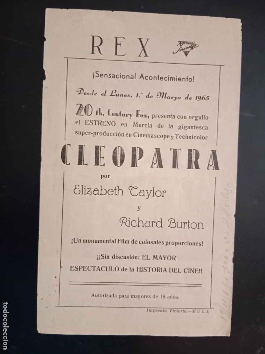 Cine: PROGRAMA DE MANO / CARTELERA CINE - CLEOPATRA - REX - MULA - Foto 2