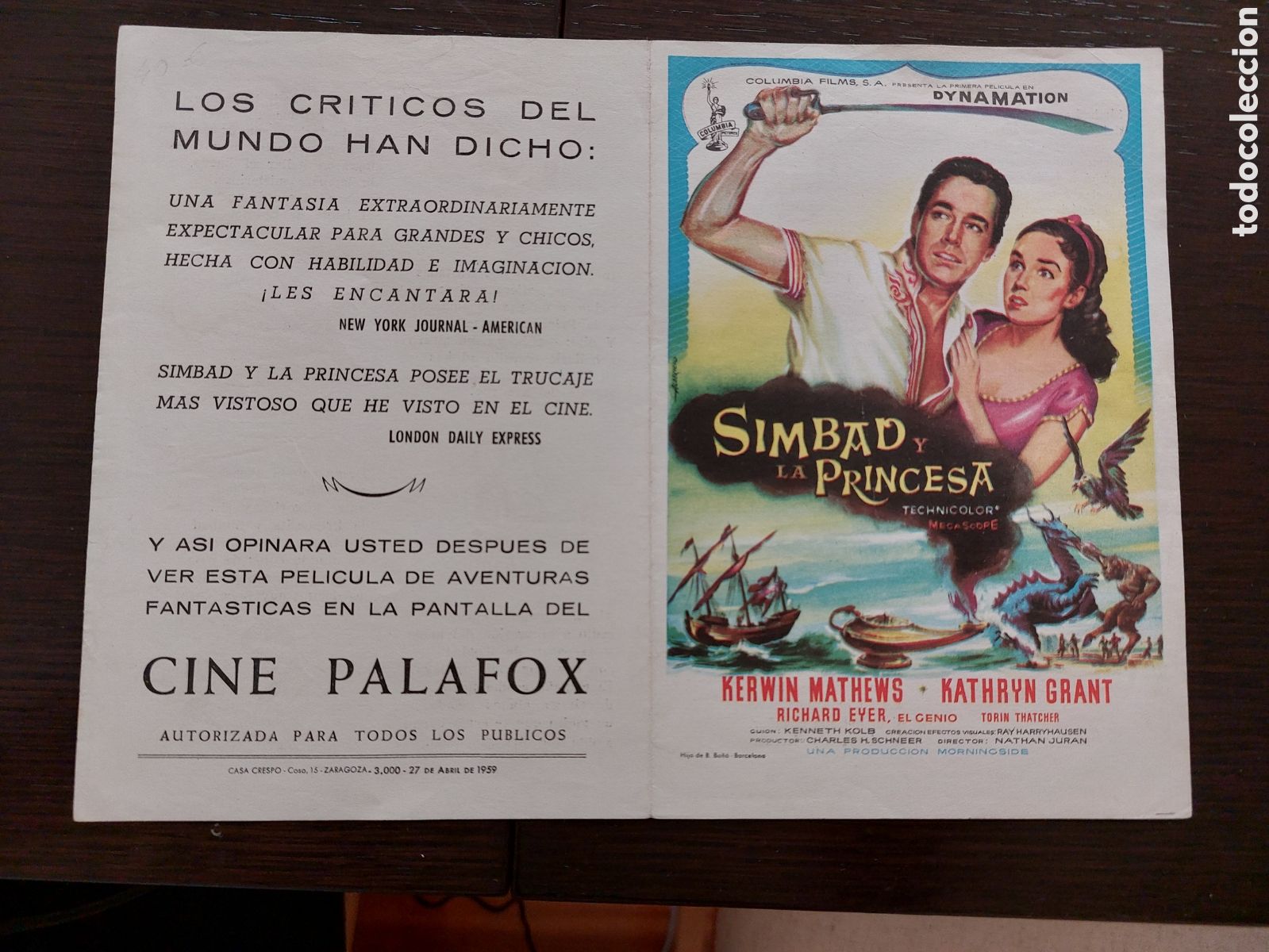 Cine: Palafox Programa doble poema Simbad y la princesa, Ray Harryhausen . Cine Palafox Zaragoza 1959.