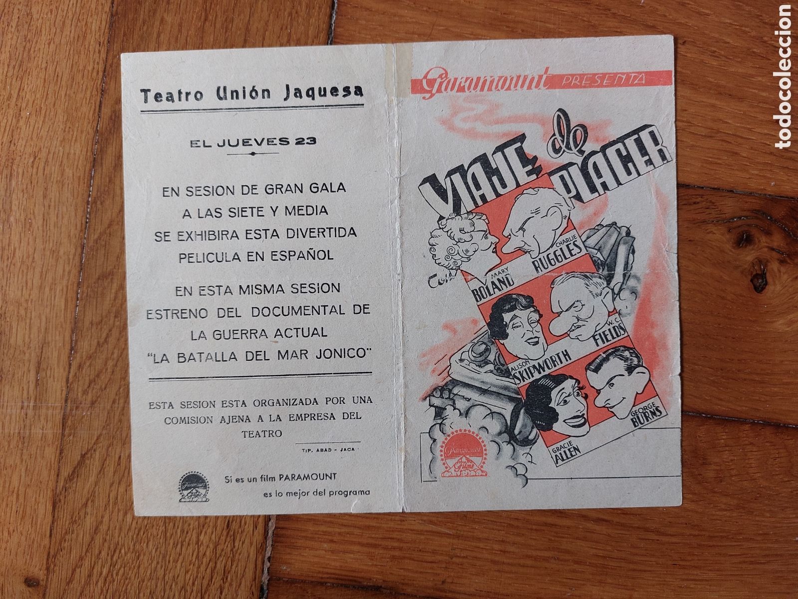 Cine: Programa doble Viaje de placer , Paramount .Publicidad Teatro Uni&oacute;n Jaquesa - Foto 1