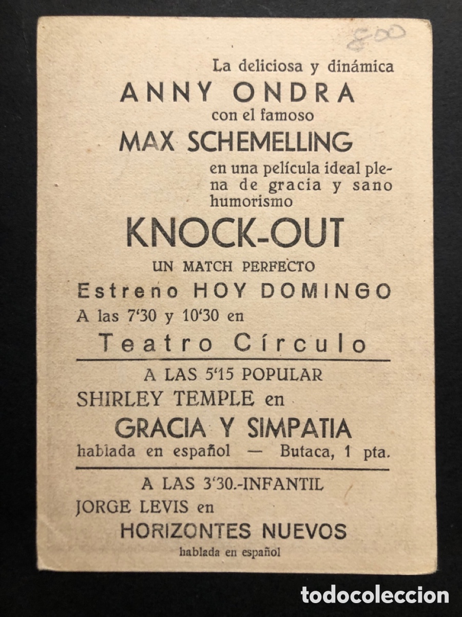 Cine: Programa knock out Anny Ondra Max schmeling con publicidad teatro c&iacute;rculo A10 - Foto 2