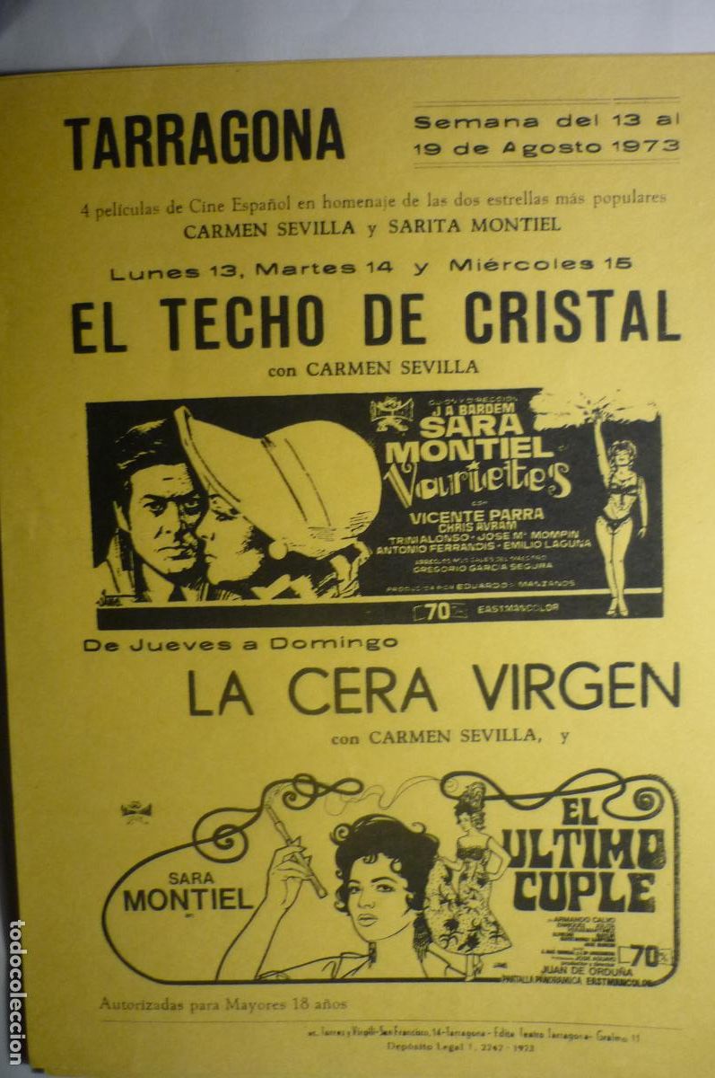 Cine: programa local cine tarragona-a&ntilde;o 1973 peliculas homenaje carmen sevilla-sarita montiel