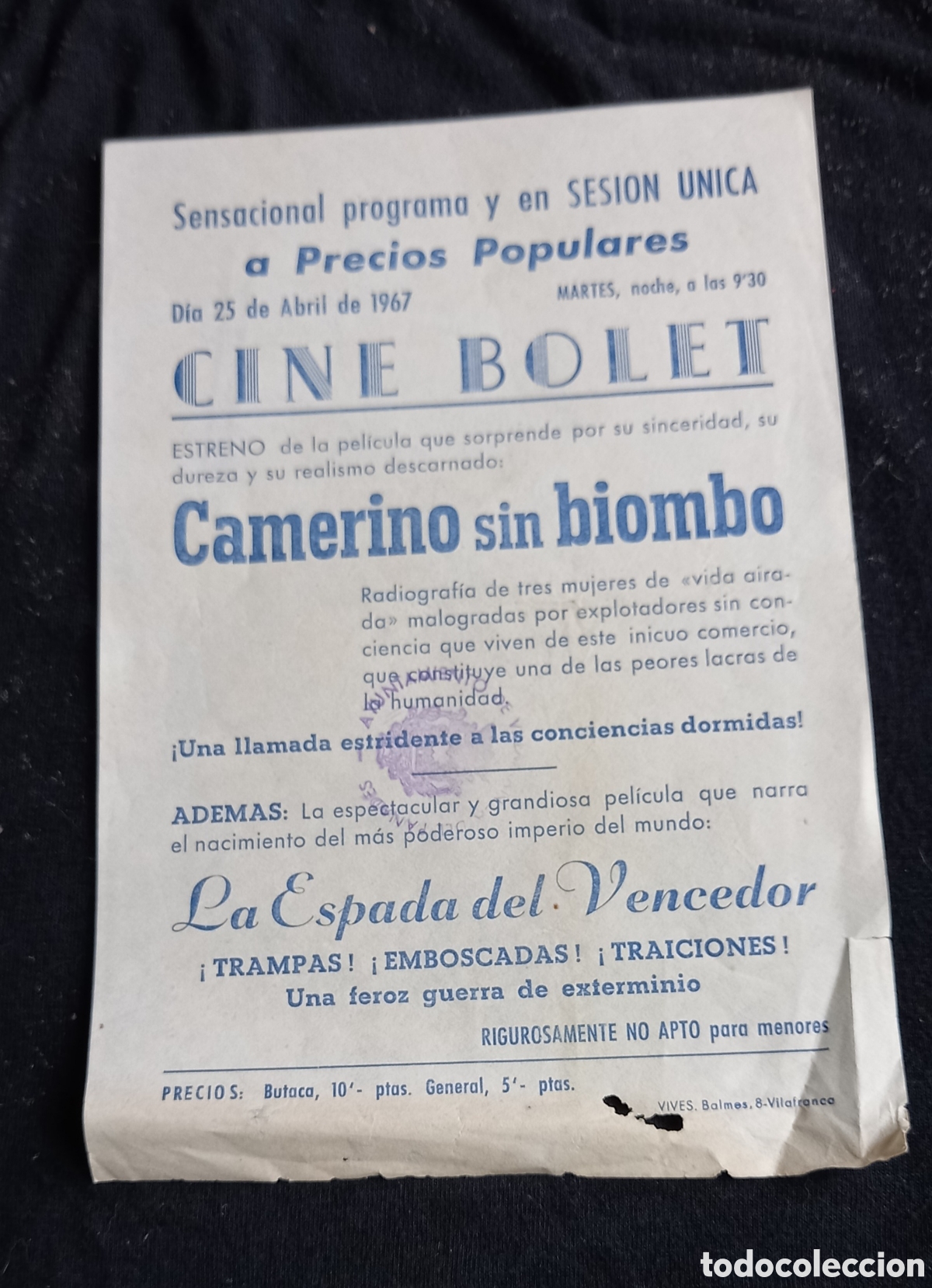 Cine: ANTIGUO PROGRAMA DE CINE CAMERINO SIN BIOMBO - Foto 1