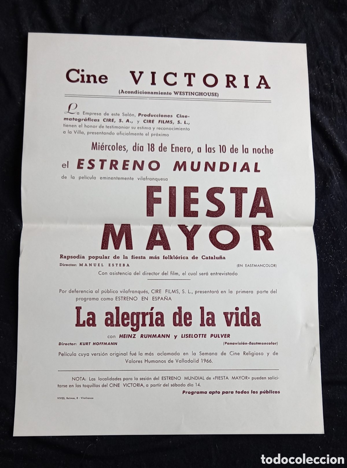 Cine: ANTIGUO PROGRAMA DE CINE FIESTA MAYOR LA ALEGRIA DE LA VIDA - Foto 1