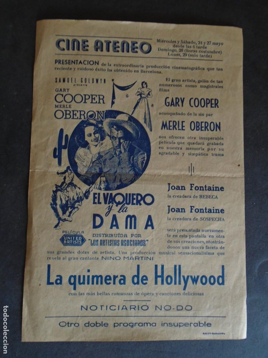 Cine: (PG-191045)PROGRAMA DE CINE EL VAQUERO Y LA DAMA GARY COOPER - CINE ATENEO - Foto 1