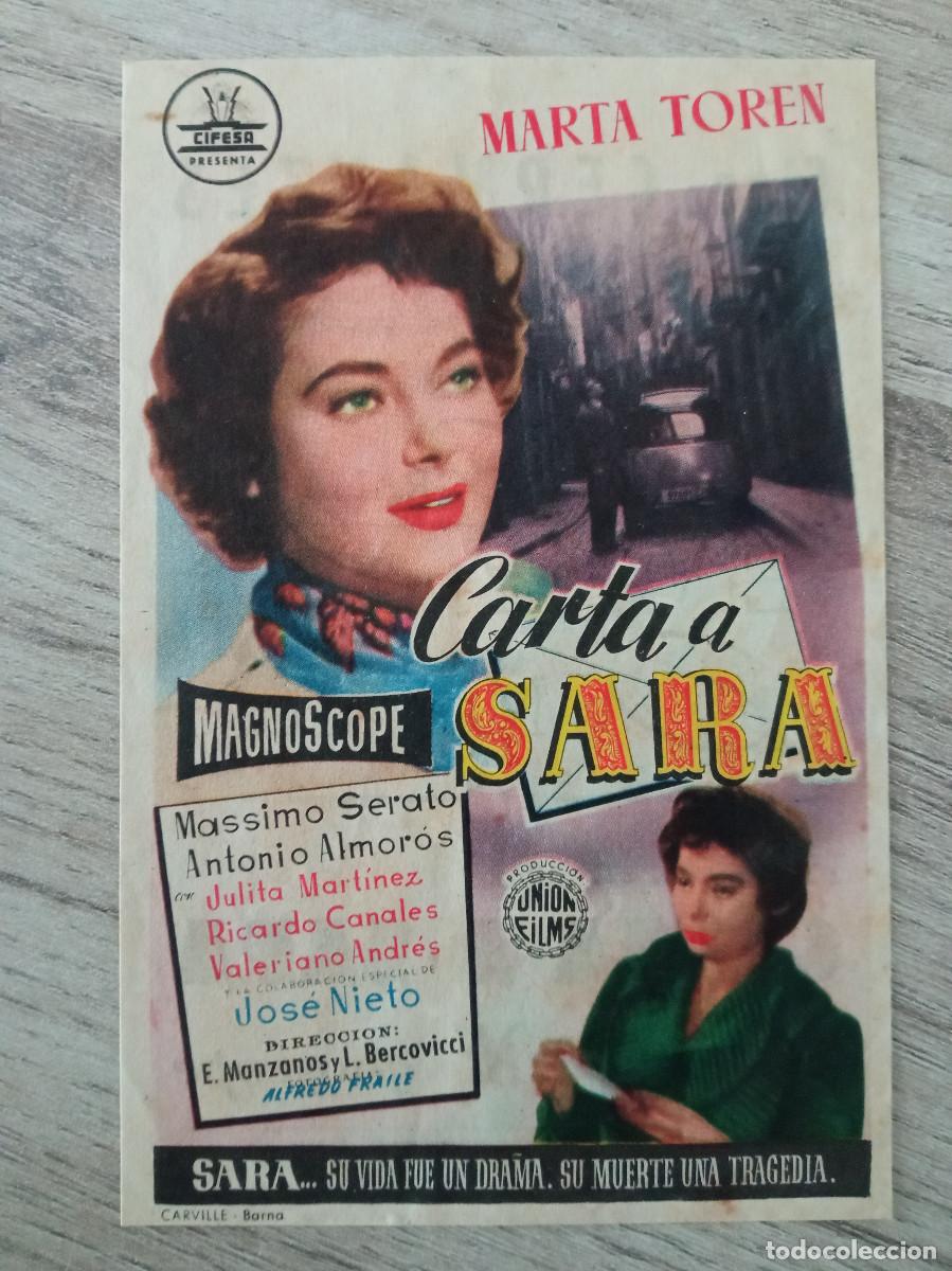  Foglietti di film di film antichi di cinema: CARTA A SARA, MARTA TOREN, CINE CERVANTES, ALBALAT DELS SORRELLS, VALENCIA