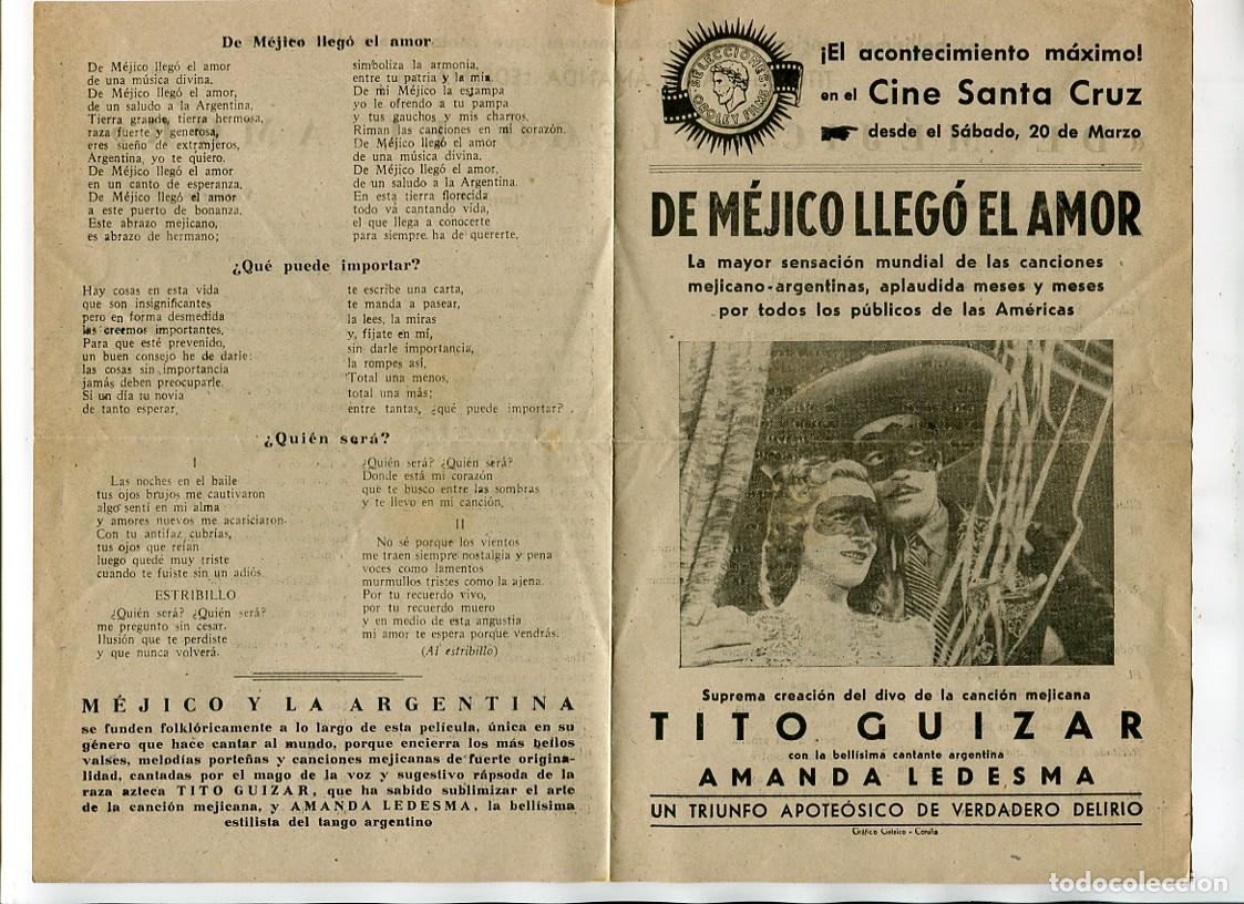 Cine: DE M&Eacute;JICO LLEG&Oacute; EL AMOR, con Tito Guizar. CANCIONERO 14 X 21 cms..