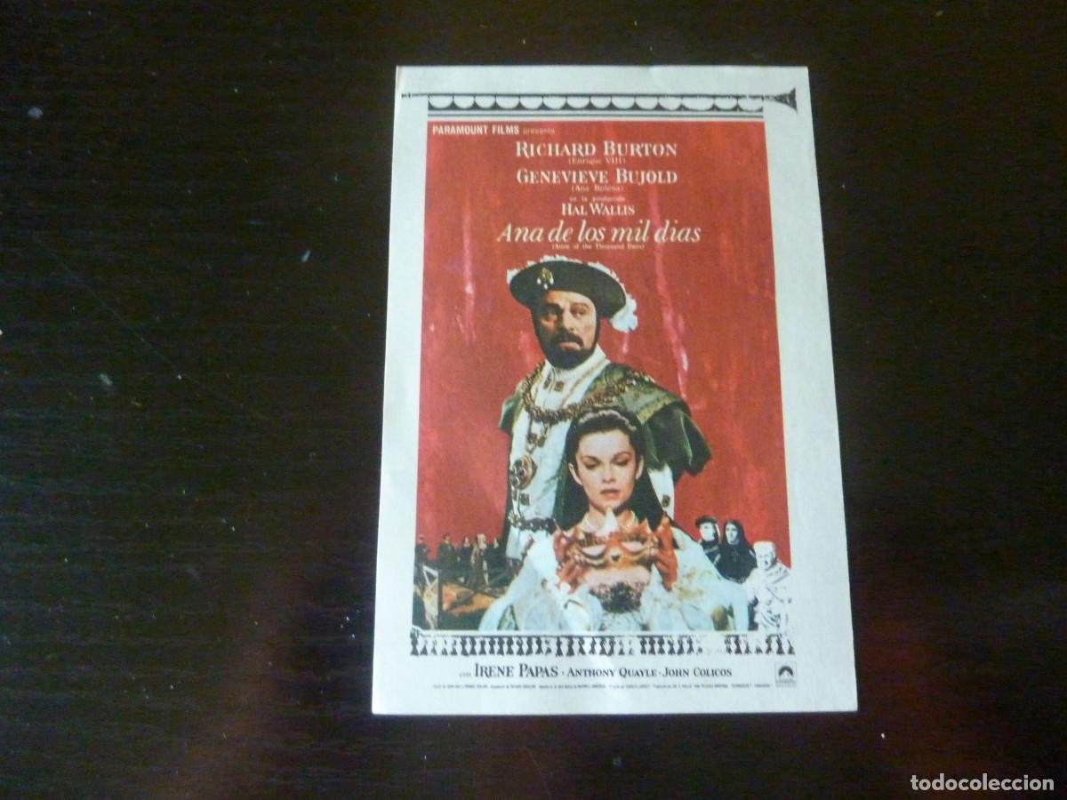 Folhetos de m&atilde;o de filmes antigos de cinema: Folleto de cine ANA DE LOS MIL DIAS con publicidad