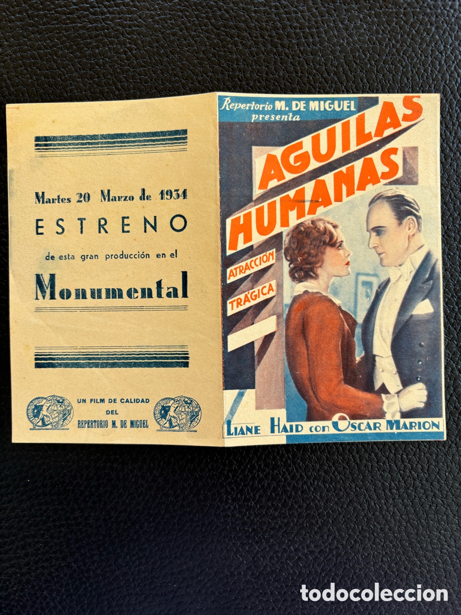 Cine: Aguilas humanas. Programa de mano doble folleto cine. Publicidad Monumental. 1934.