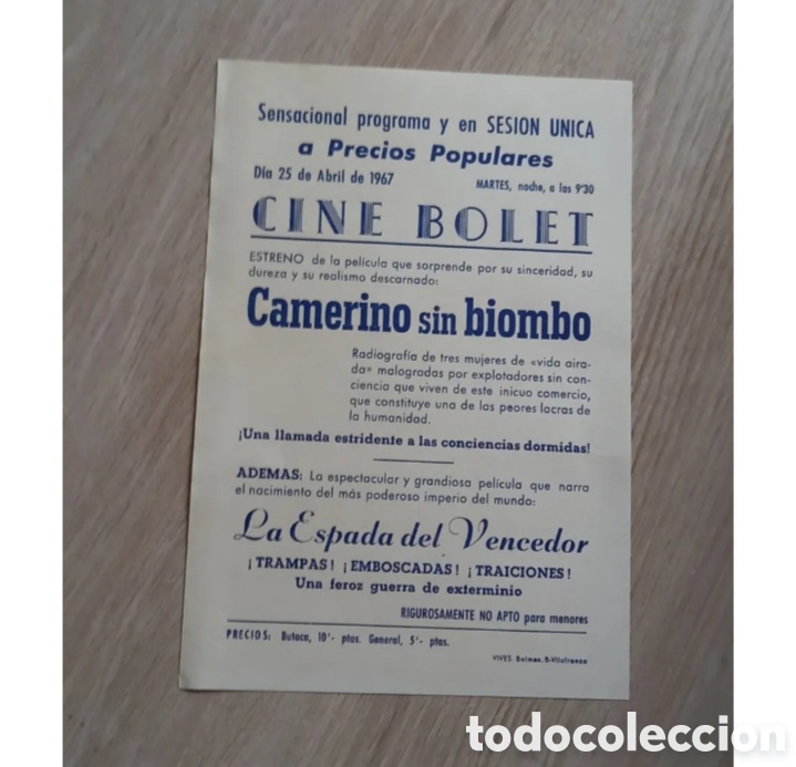 Cine: ANTIGUO PROGRAMA DE CINE BOLET, CAMERINO SIN BIOMBO, ETC - Foto 1